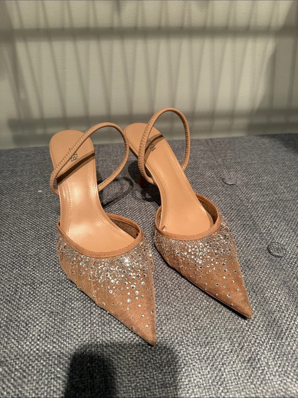 Zara Crystal-Embellished Tan Slingback Pointed Heels - Picture 1 of 5